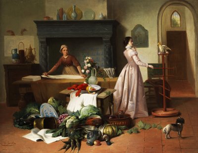 Elegante Dame mit Kakadu in einem Interieur mit Stilllebenarrangement tekijältä F. Jacobs